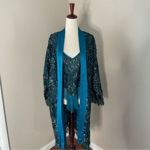 Vintage Victoria’s Secret Teal Silk Chiffon & Sequin Kimono Robe & Bodysuit Set